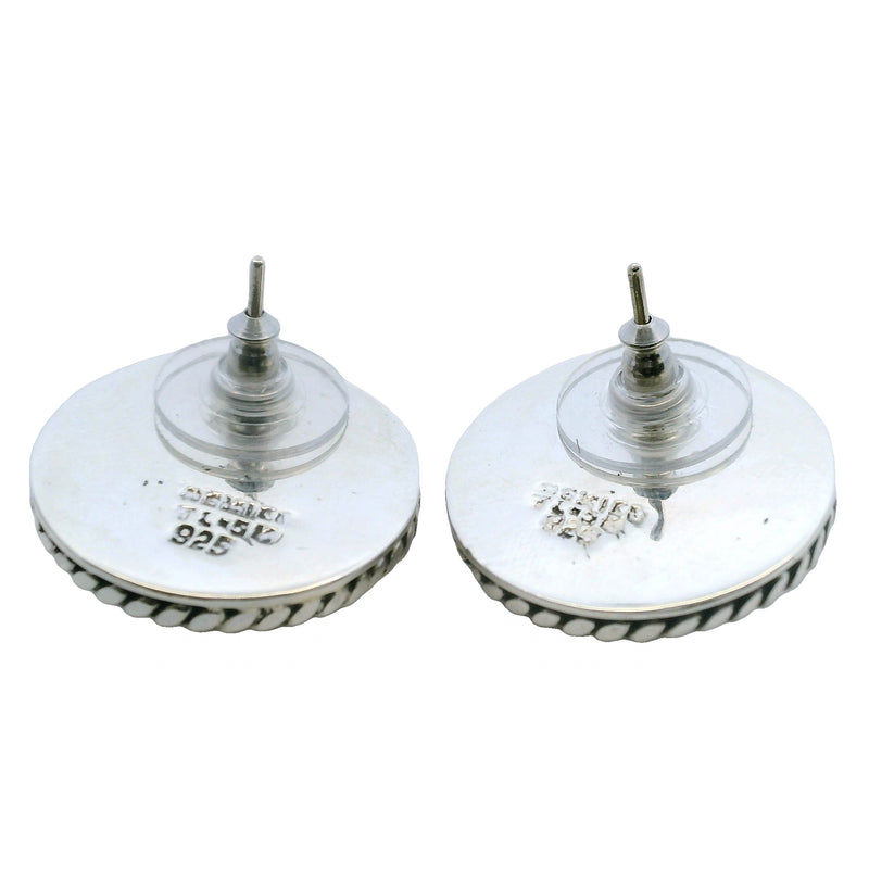 Mexican 925 Sterling Silver Taxco Round Button Rope 22.5mm Stud Earrings
