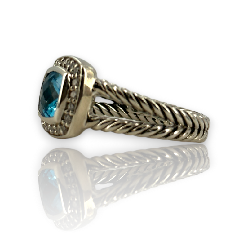 David Yurman 925 Silver Topaz and Diamond Petite Albion Cocktail Cable Ring