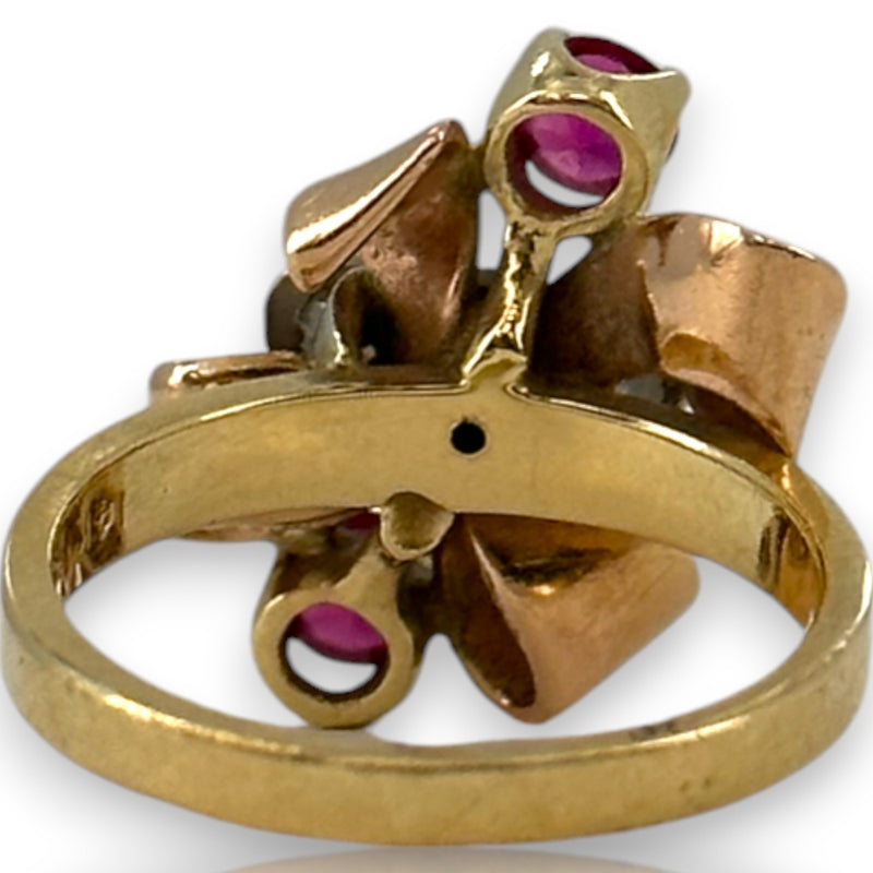 Retro 1930-40s Gochman & Held Solid 14kt Rose, Yellow, and White Gold Cocktail Ring with Old Mine Cut Diamonds and Lab Rubies Size 6