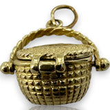 Vintage Picnic Basket Openable Charm Pendant Solid 14kt Yellow Gold