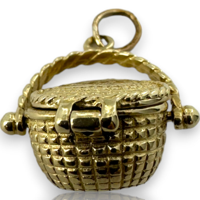 Vintage Picnic Basket Openable Charm Pendant Solid 14kt Yellow Gold