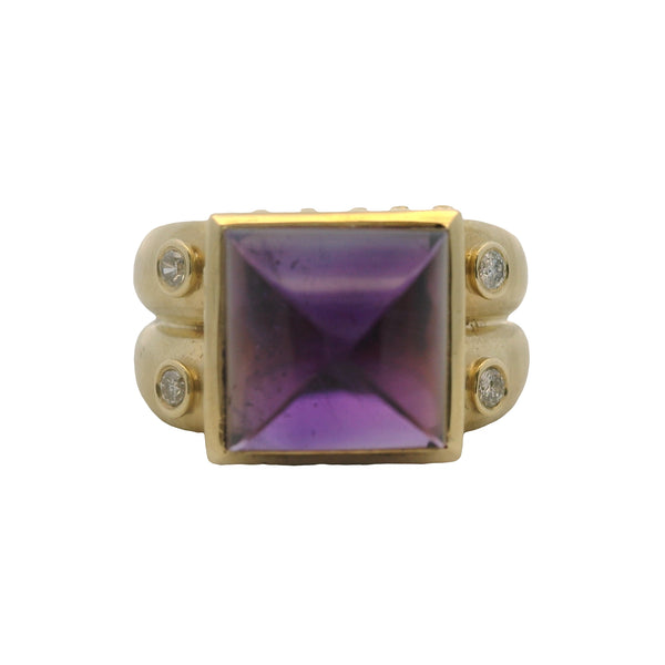 Solid 14kt Yellow Gold and Sugarloaf Amethyst Statement Ring with 4 Accent Diamonds Size 6.5