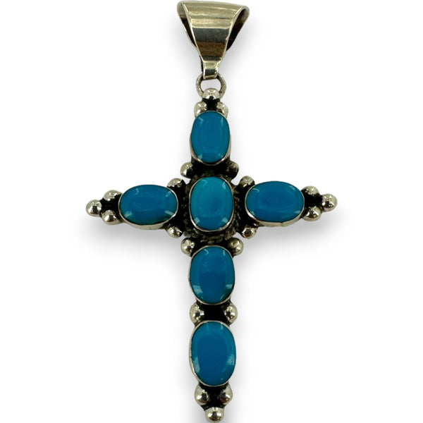 Jennie Epaloos Zuni Native American 925 Sterling Silver and Turquoise Large Cross Pendant 1990s