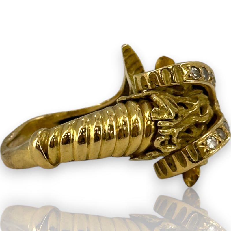 Vintage 1980s Solid 18kt Yellow Gold Detailed Ram's Head Ring with Diamond Horns and Onyx Eyes Size 6