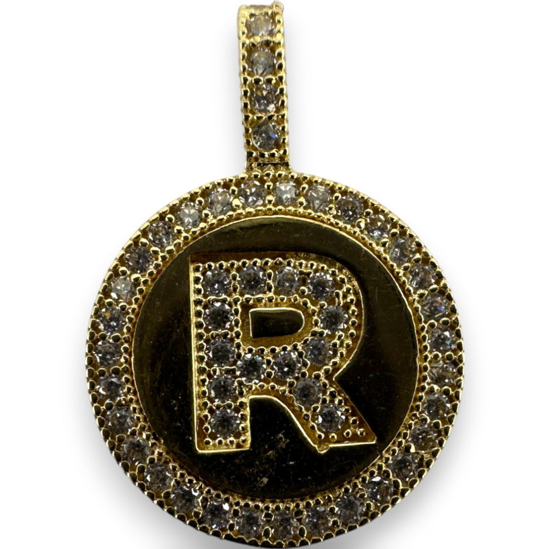 Letter "R" Cubic Zirconia Alphabet Disk Pendant Charm 14kt Yellow Gold