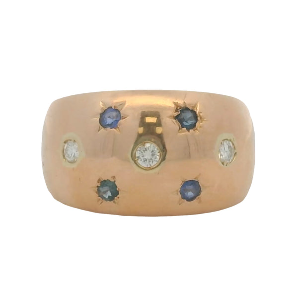 Vintage Solid 18kt Rose Gold 12mm Wide Dome Ring with Diamonds and Sapphires Size 7.5