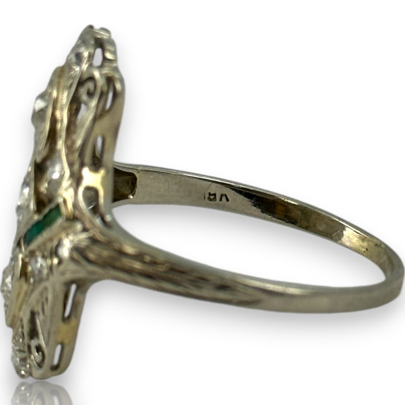1920s Art Deco Era Solid 18kt 23.5mm Long Antique Cut Diamond Dinner Ring with 2 Heart Settings and Emerald Accents Size 10