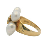 Solid 18kt Yellow Gold Freshwater Pearl and Diamond Cluster Flower Cocktail Ring Size 8.5