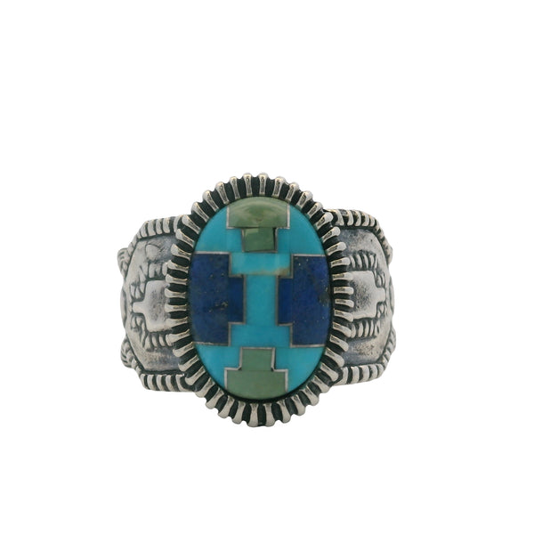 Carolyn Pollack 925 Sterling Silver Blue and Green Turquoise and Lapis Lazuli Mosaic Ring Size 9