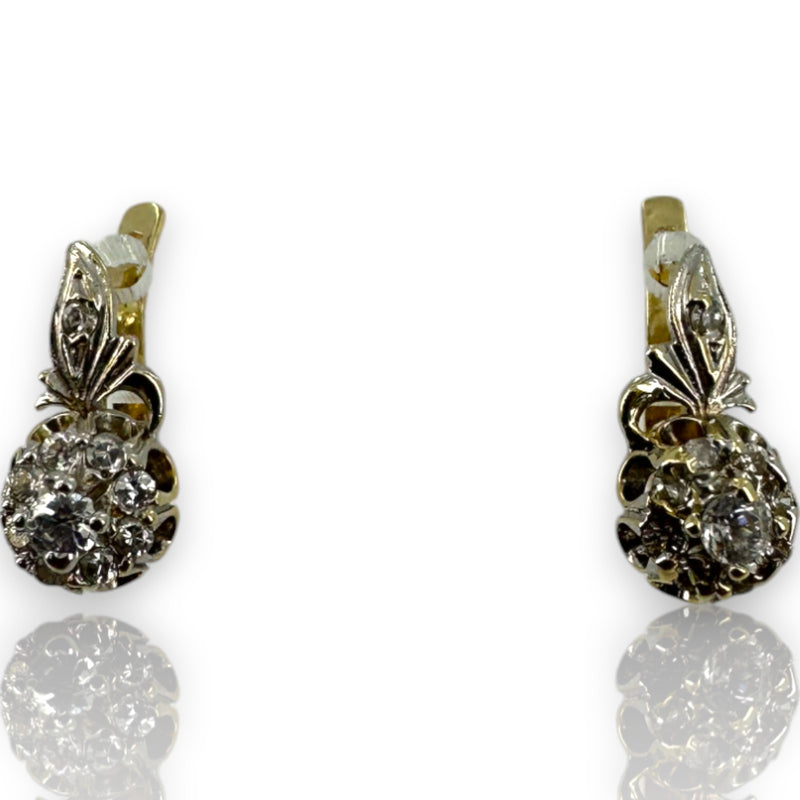 1970s Victorian Revival Solid 14kt White and Yellow Gold Sleeper-Style Cubic Zirconia (CZ) Snap Closure Huggie Earrings