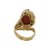 Italian 1980s Brutalist 18kt Yellow Gold and Cabochon Coral Textured Cocktail Ring Size 6