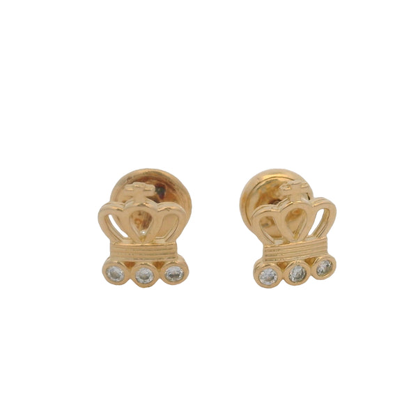 Solid 18k Yellow Gold and CZ Cubic Zirconia Crown Pierced Screw-Back Stud Earrings