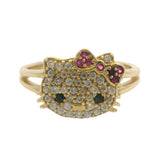 Solid 14kt Yellow Gold CZ and Lab Ruby Hello Kitty Head Cluster Ring Size 7