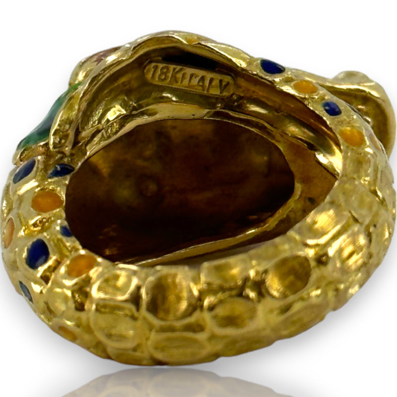 Vintage 1970s-80s 18kt Yellow Gold and Painted Enamel Lizard/Snake/Dragon Wrap Statement Ring Size 4 Made in Italy