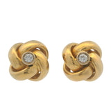 Vintage Solid 18kt Yellow Gold Italian Knot Stud Earrings Bezel Set Diamonds