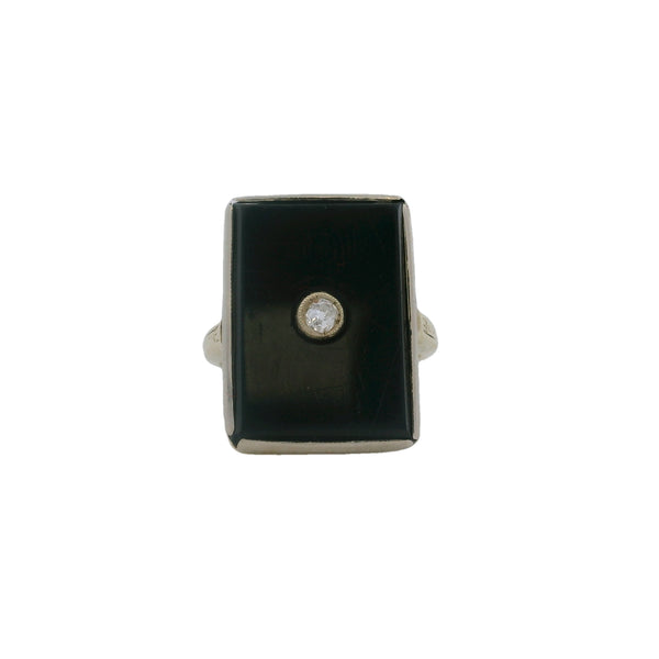 Antique 1900-1910s 14kt Yellow Gold Onyx Shield Ring with Old Mine Diamond Size 3.75