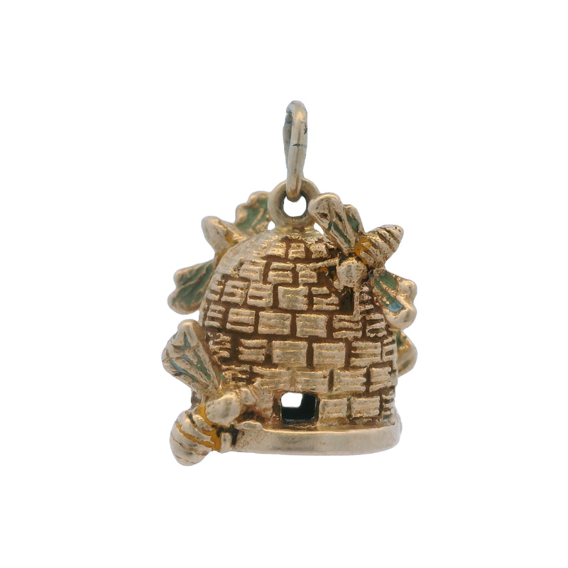 Vintage 14kt Yellow Gold and Enamel Beehive Honeybee Charm Pendant