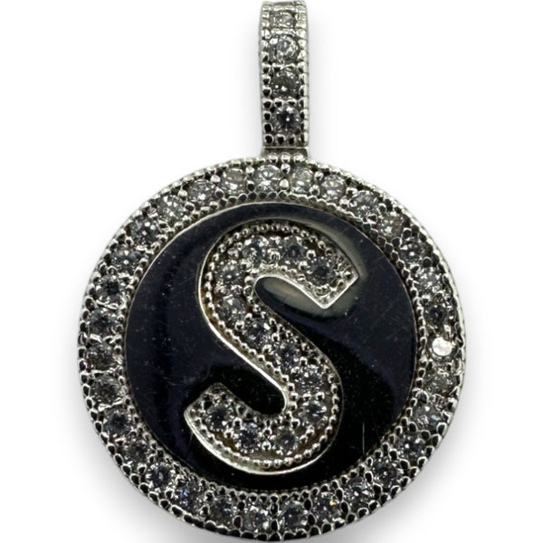 Letter "S" Cubic Zirconia Alphabet Disk Pendant Charm 14kt White Gold Rhodium Plated