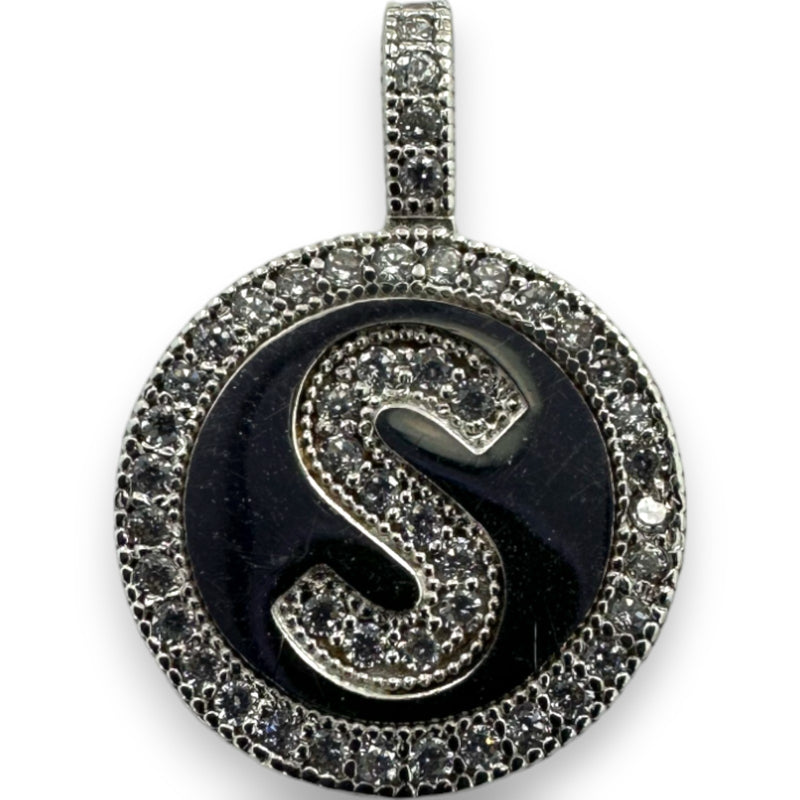 Letter "S" Cubic Zirconia Alphabet Disk Pendant Charm 14kt White Gold Rhodium Plated