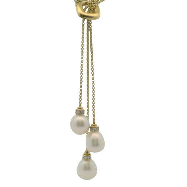 David Yurman Solid 18kt Yellow Gold Multi-Strand Box Chain Pearl and Diamond Lariat Necklace