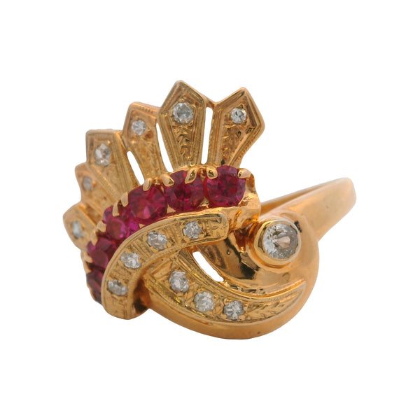 Vintage 1930s Retro 14kt Yellow Gold Diamond and Lab Ruby Cornucopia Cocktail Ring Size 10