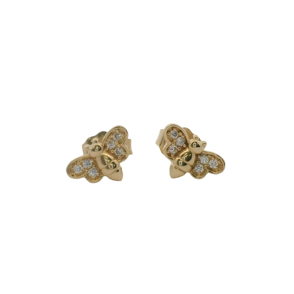 Solid 14kt Yellow Gold and Cubic Zirconia Dainty Bee Insect Stud Earrings