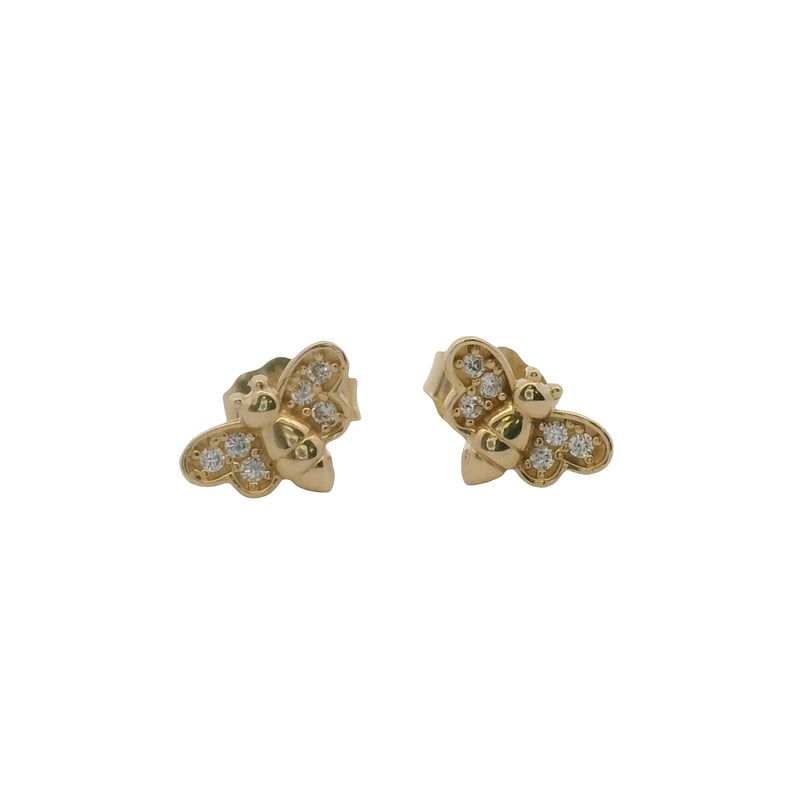 Solid 14kt Yellow Gold and Cubic Zirconia Dainty Bee Insect Stud Earrings