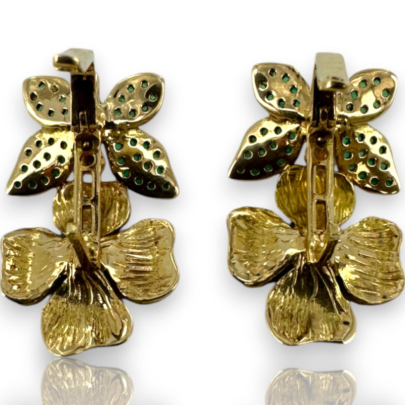14kt Solid Yellow Gold Flower and Green Butterfly Snap Closure Stud Earrings with CZ Cubic Zirconia Stones