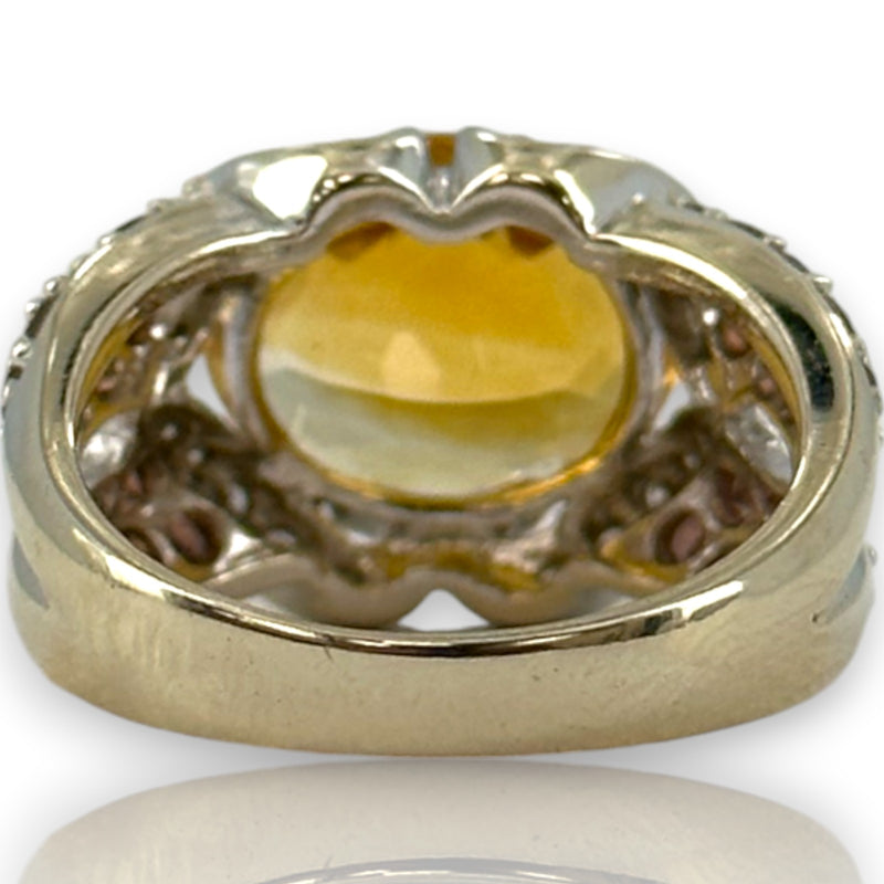 14kt Solid White Gold Cocktail Ring with Large Citrine, Diamonds, and Tourmaline Sides Size 6