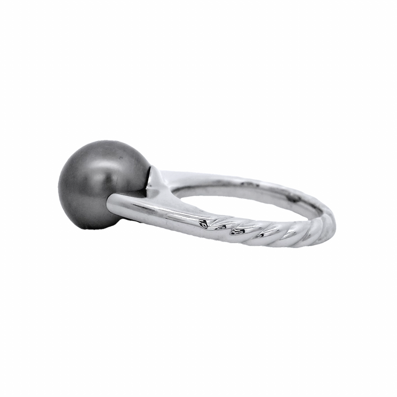 David Yurman Retired Solid 18kt White Gold Tahitian Black Pearl Solitaire Ring with Twisted Rope Style Band Size 6