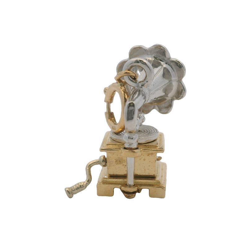 Vintage 14kt White and Yellow Gold Gramophone Phonograph Moving Charm Pendant