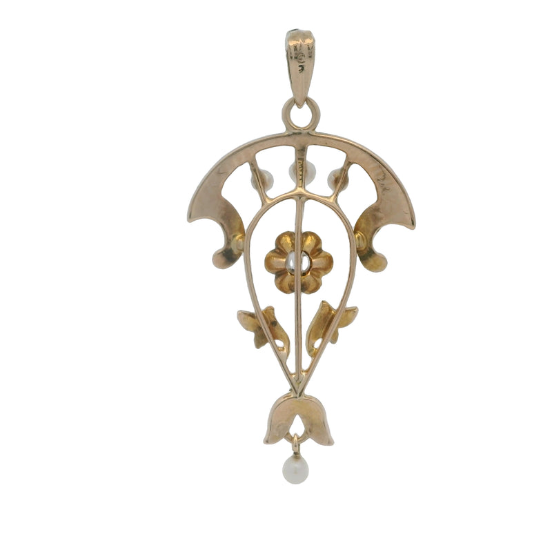 Antique Victorian 10kt Yellow Gold Lavaliere Pendant with Old Mine Cut Diamond and Freshwater Pearls