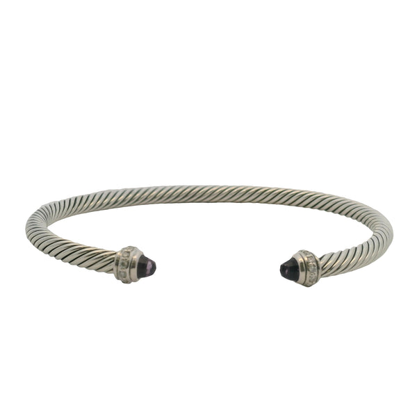 David Yurman 925 Sterling Classic 4mm Cable Bracelet with Amethyst and Diamonds Size M 6.5