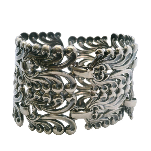 Vintage Danecraft 925 Sterling Silver 1.9" Wide Swirl Floral Double Panel 7.25" Bracelet