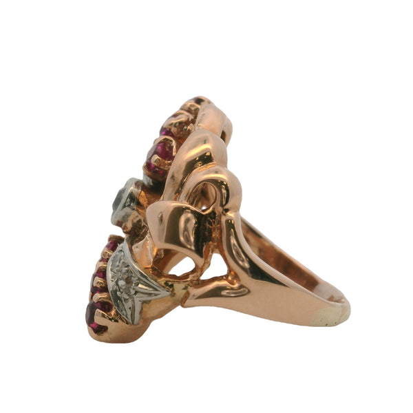 1930s Early Retro 14kt Rose Gold Ribbon Ring with Old Mine Diamonds and Lab Rubies Size 6.5