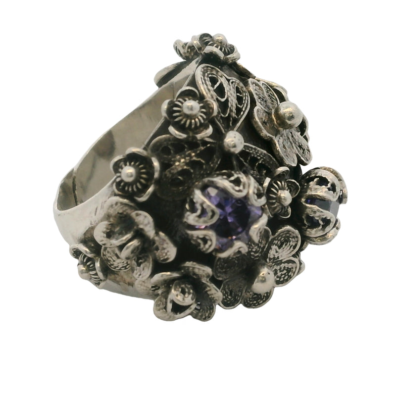 Yvone Christa New York 925 Sterling Large Filigree Flower Bouquet Adjustable Back Ring Size 7