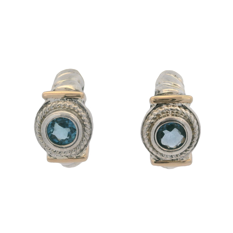 925 Sterling Silver and 14kt Rose Gold Blue Topaz Cable Huggie Stud Earrings
