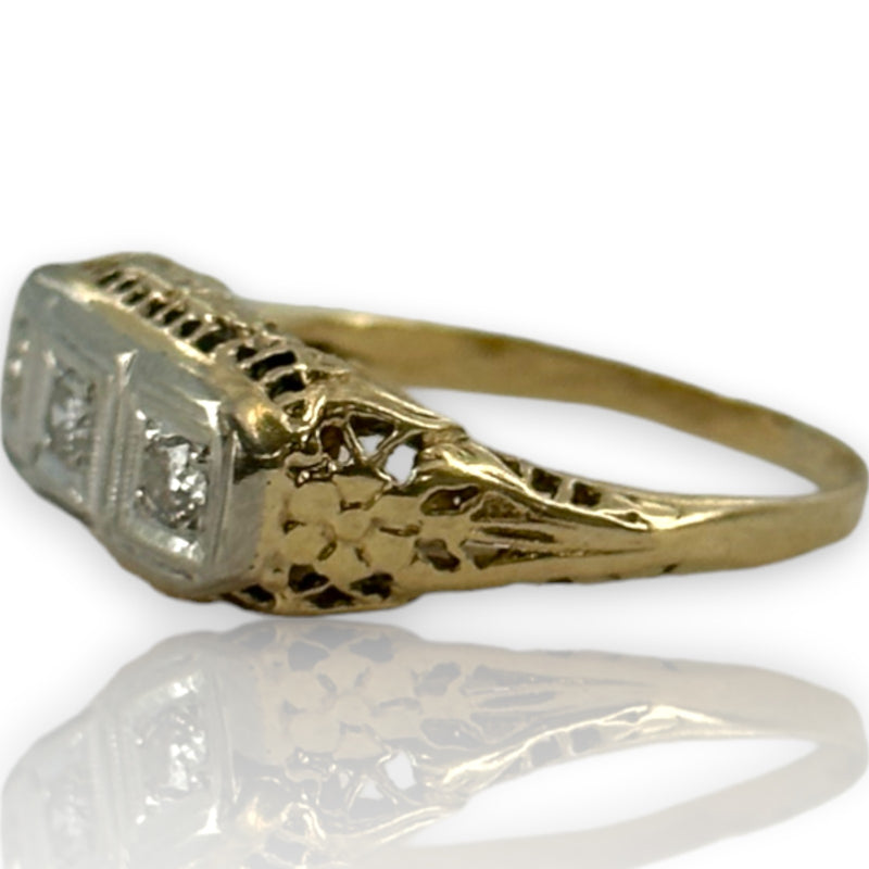 Vintage 14kt Yellow/White Gold Cast of Art Deco Filigree Ring with Original Old Euro and Transitional Diamonds