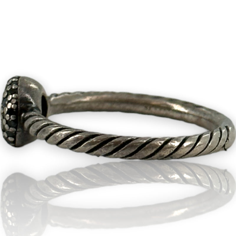 David Yurman Signed 925 Sterling Silver Cord Ring With Black Diamond Cluster Size 8