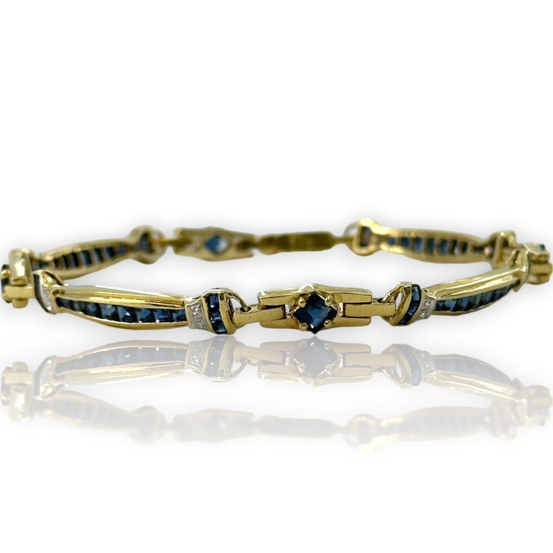 Kahn Bros Antique 1930-40s Lab Sapphire and Natural Diamond Alternating Link Bracelet in 18kt Yellow Gold