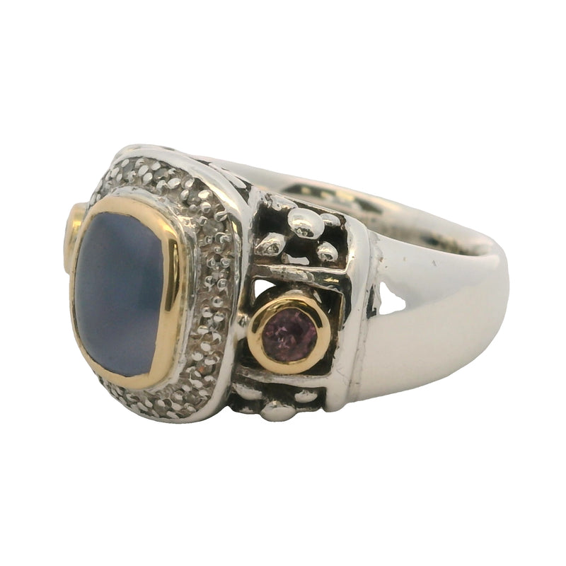 Anillo de cóctel de plata de ley 925 y oro amarillo de 18 kt con halo de calcedonia, rubí y diamantes, talla 8