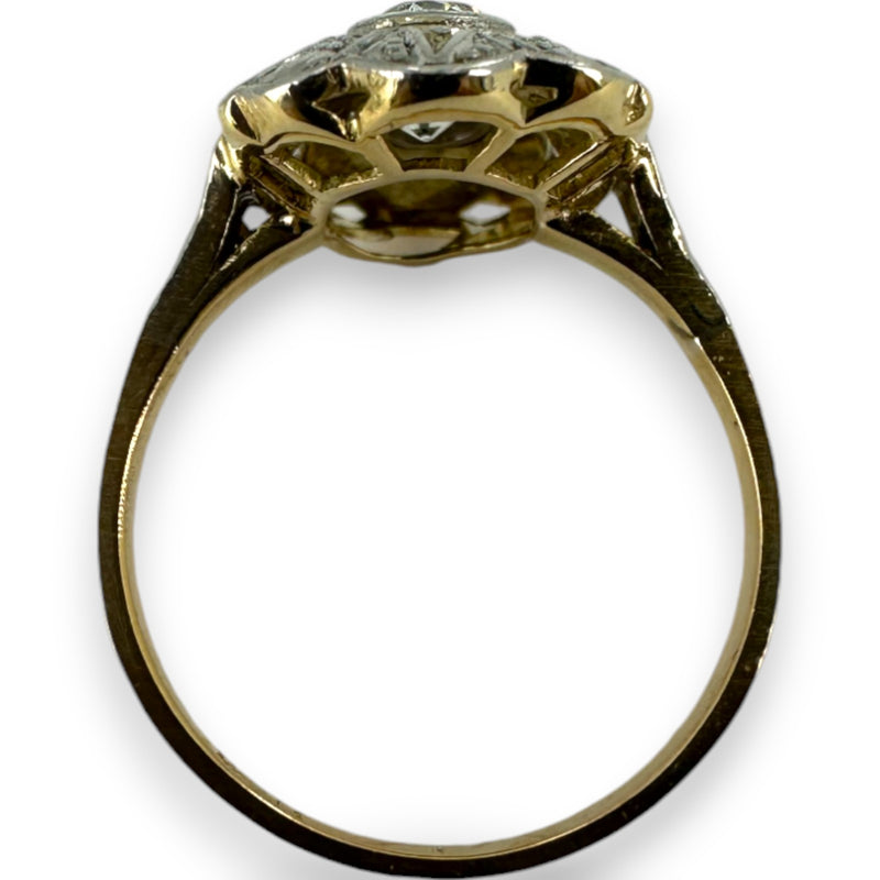 Antique 1900-1920 18kt Yellow and White Gold 2-Stone Old Mine Cut Diamond Dinner Ring with Diamond Chip Accents Size 6.5