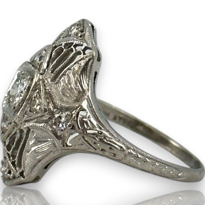 1920s 900 Platinum Art Deco Era Filigree 18mm Dinner Ring with 0.32ctw Diamonds and Milgrain Openwork Details Size 5.75