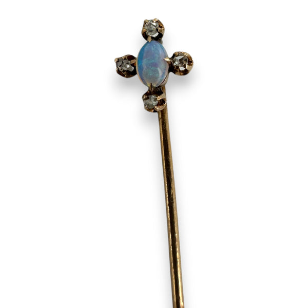 Antique 1860s-1880s 14kt Rose Gold Cravat/Lapel Stick Pin with Jelly Opal and Diamond Chips