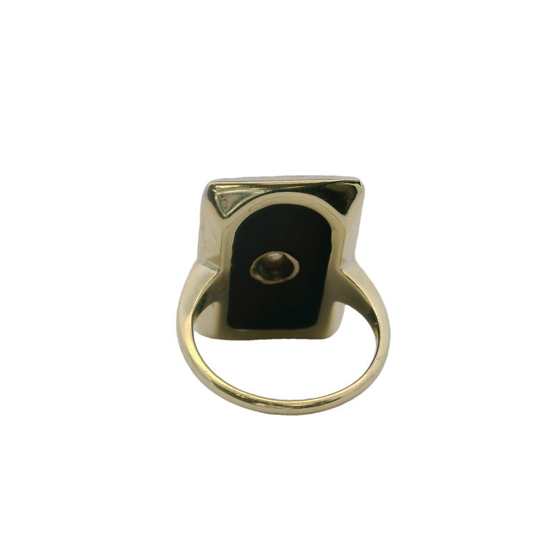 Antique 1900-1910s 14kt Yellow Gold Onyx Shield Ring with Old Mine Diamond Size 3.75