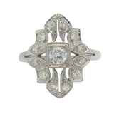 Antique 1930s Solid 900 Platinum and 0.39ctw Diamond Cluster 18mm Wide Dinner Shield Ring Size 7.5