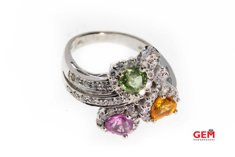 Samuel Benham BJC Quartz Hearts & Diamond Pave Halo Cocktail 18K 750 White Gold Ring Size 5 1/2