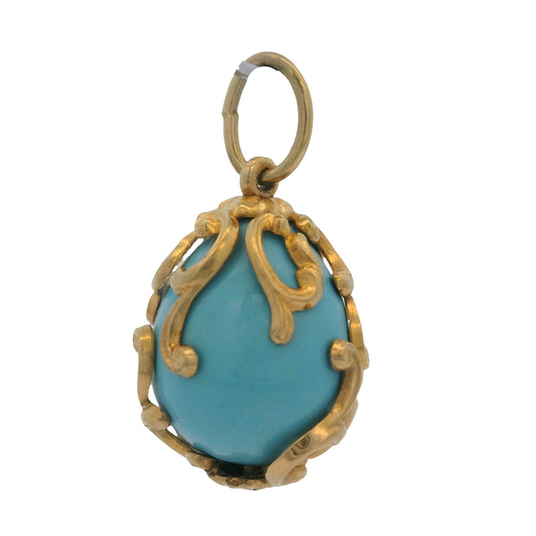 Vintage Solid 14kt Yellow Gold and Turquoise Decorated Scroll Egg Necklace Pendant
