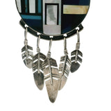 Vintage Native American MOP Turquoise Lapis and Onyx Round Pendant with Feathers