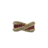 Solid 18kt Yellow Gold, Ruby, and Diamond Crossover Twist Cocktail Band Ring Size 7